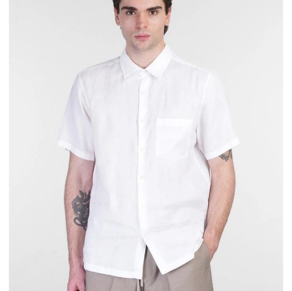 Theory Short Sleeve Linen Buttondown With Single Pocket Sz XL White